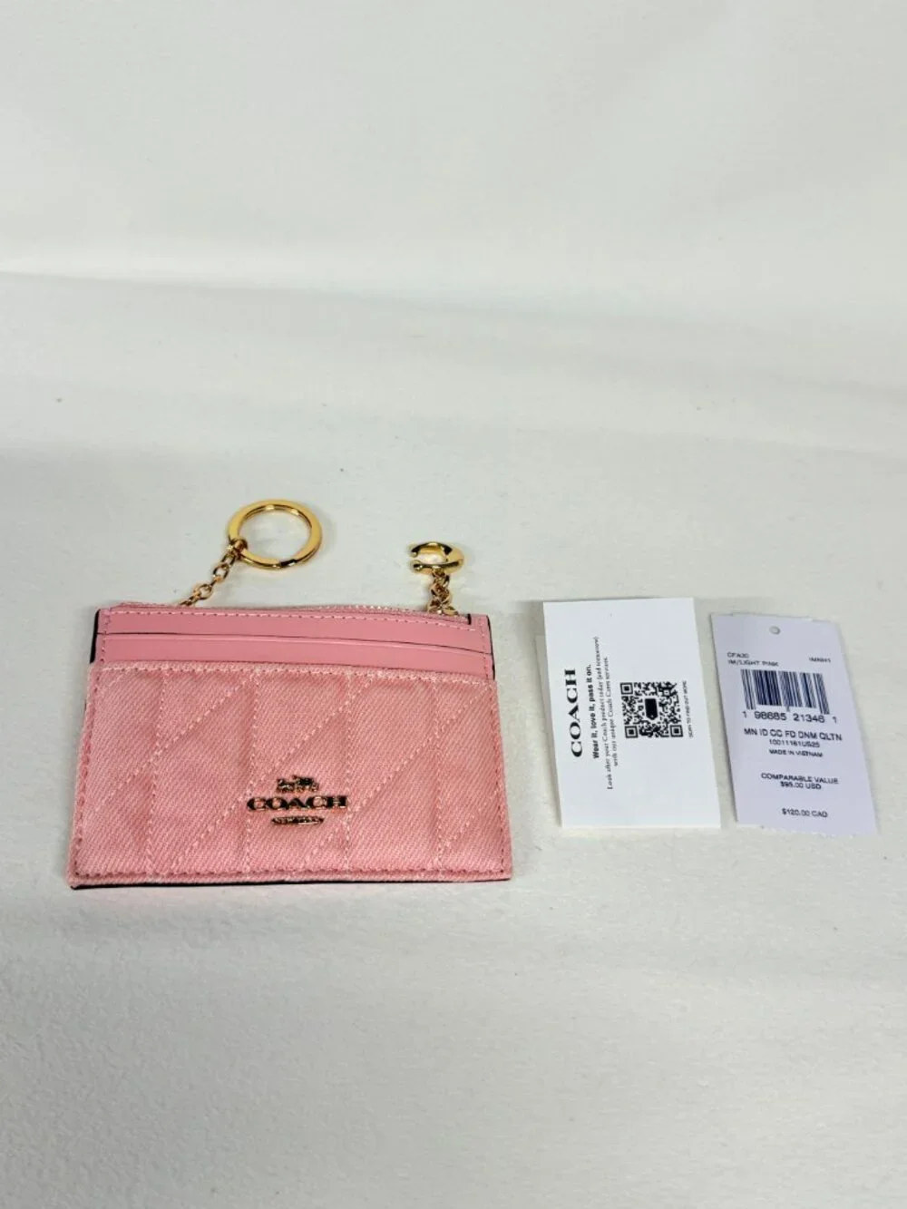 coach Mini Skinny Id Case In Loved Denim With Quilting And Charm cfa30